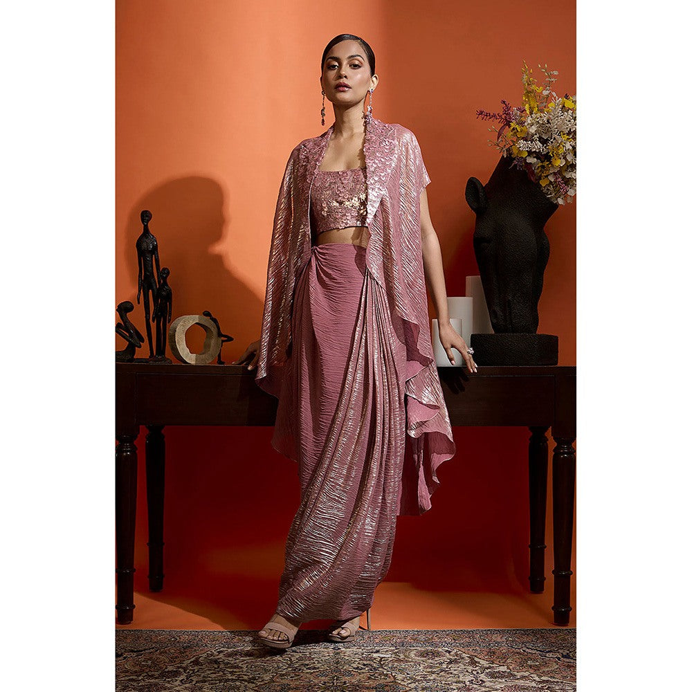 BABITA M Pink Metallic Rose Draped Skirt With Bralette And Cape (Set of 3)