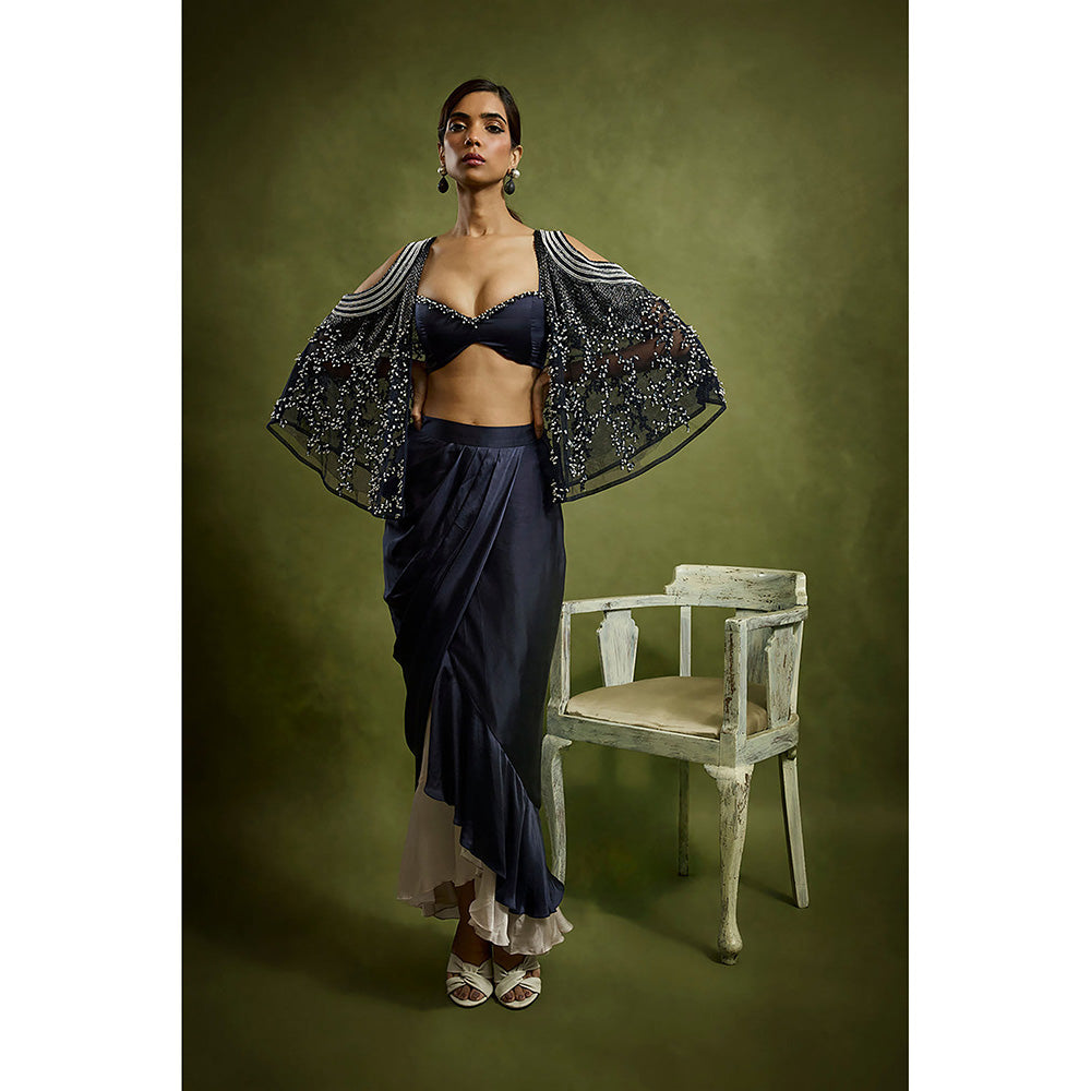 BABITA M Blue Drape Skirt With Cape And Barlette (Set of 3)