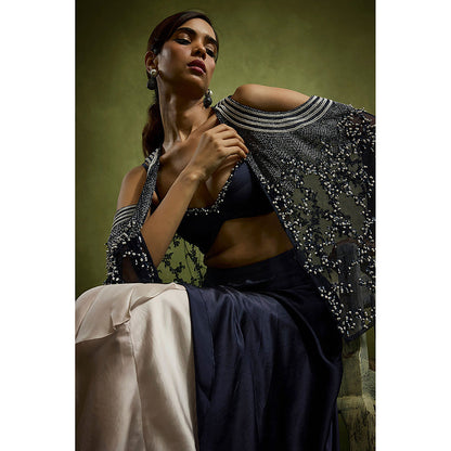 BABITA M Blue Drape Skirt With Cape And Barlette (Set of 3)