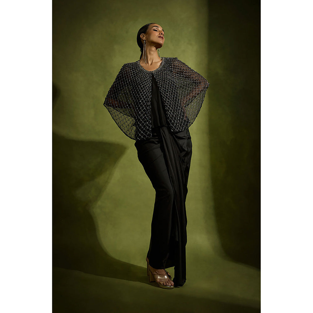 BABITA M Black Noir Crystal Grid Ensemble Skirt With Bralette And Cape (Set of 3)