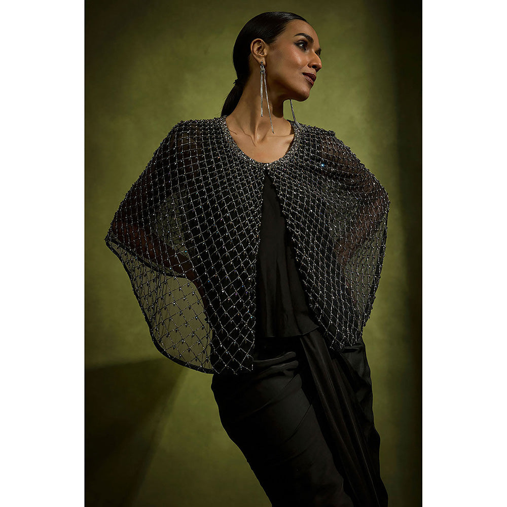 BABITA M Black Noir Crystal Grid Ensemble Skirt With Bralette And Cape (Set of 3)