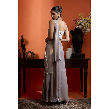 BABITA M Metallic Silver Pre-draped Saree with Stitched Blouse