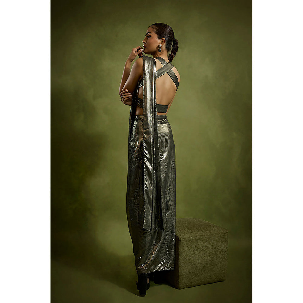 BABITA M Metallic Georgette Foil Pre-draped Saree with Stitched Blouse