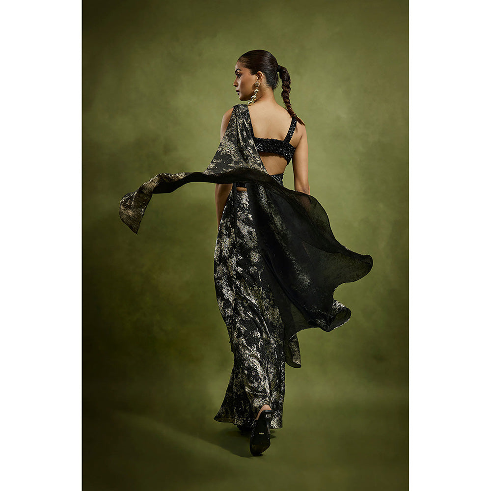 BABITA M Black Noir Drape Foil Pre-draped Saree with Stitched Blouse