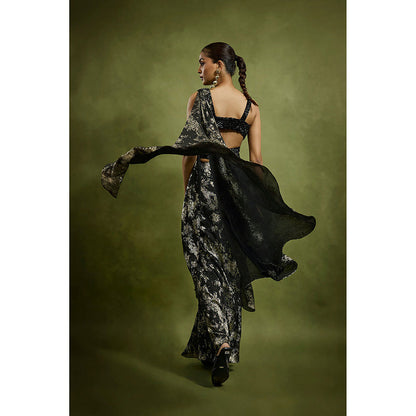 BABITA M Black Noir Drape Foil Pre-draped Saree with Stitched Blouse