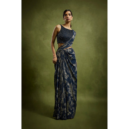 BABITA M Midnight Blue Gold Foiled Pre-draped Saree with Stitched Blouse