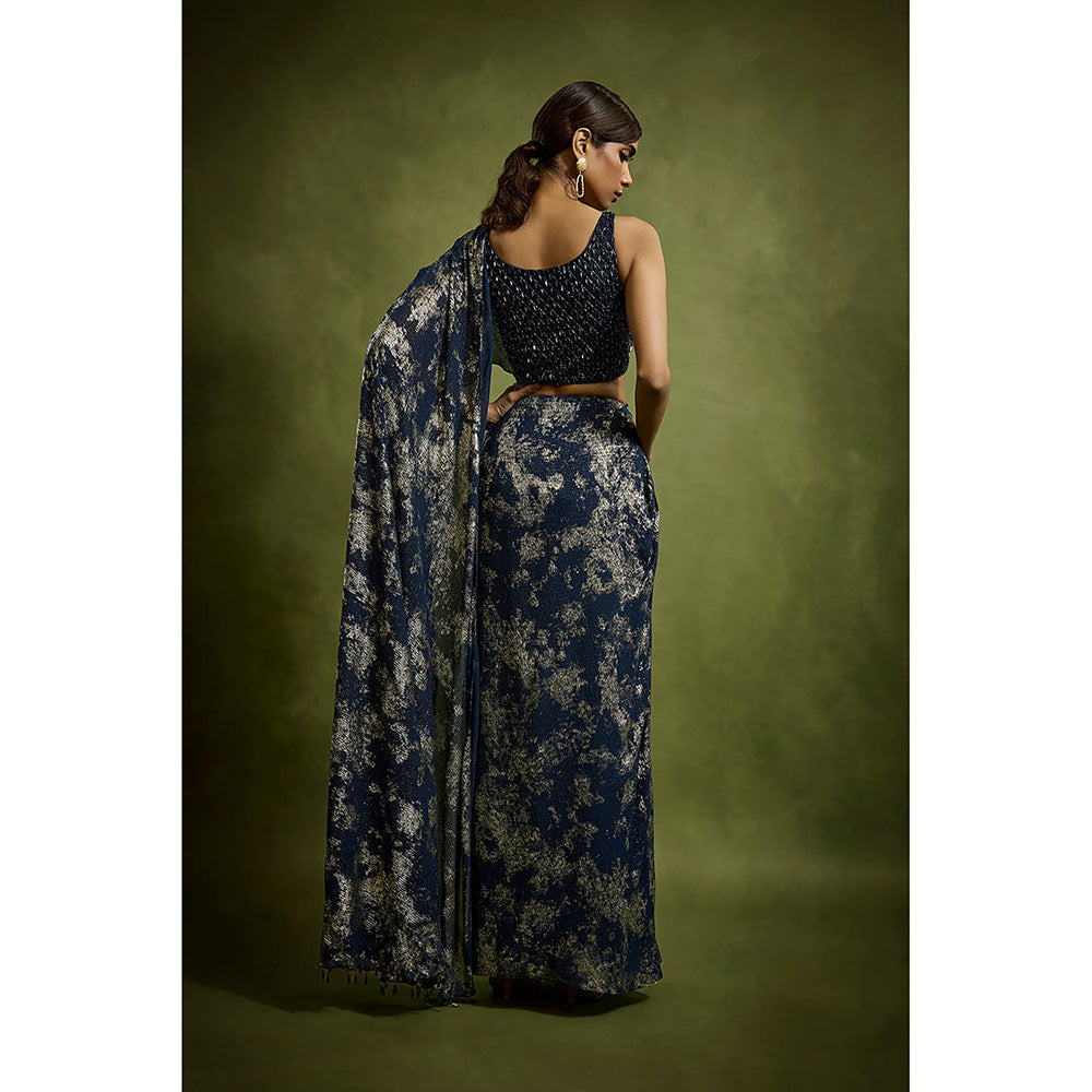 BABITA M Midnight Blue Gold Foiled Pre-draped Saree with Stitched Blouse