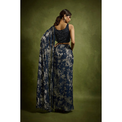 BABITA M Midnight Blue Gold Foiled Pre-draped Saree with Stitched Blouse