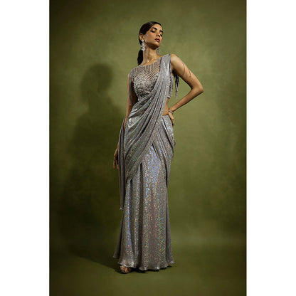 BABITA M Silver Slate Metallic Pre-draped Saree with Stitched Blouse