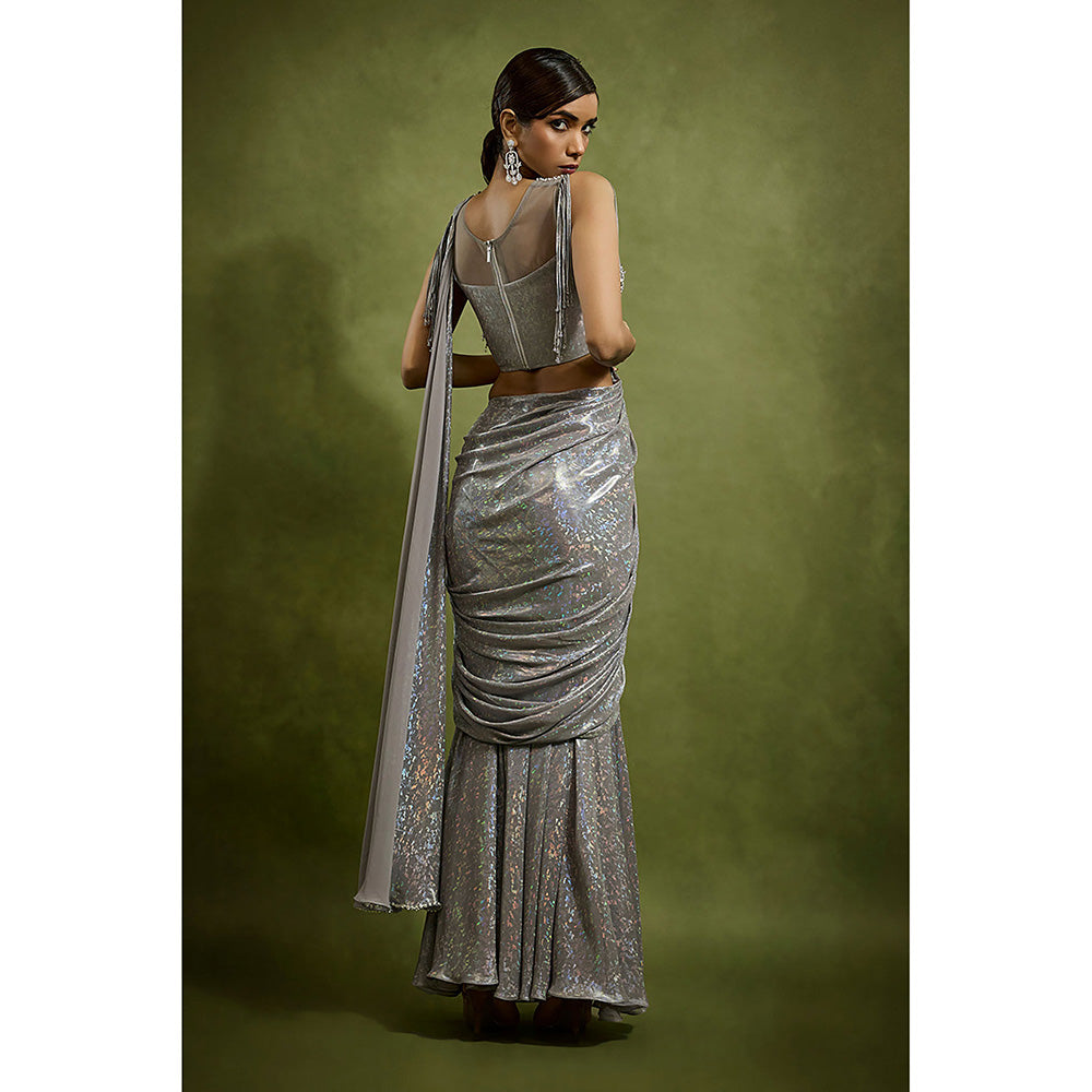 BABITA M Silver Slate Metallic Pre-draped Saree with Stitched Blouse