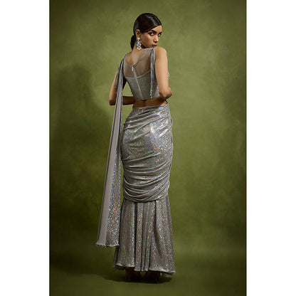 BABITA M Silver Slate Metallic Pre-draped Saree with Stitched Blouse