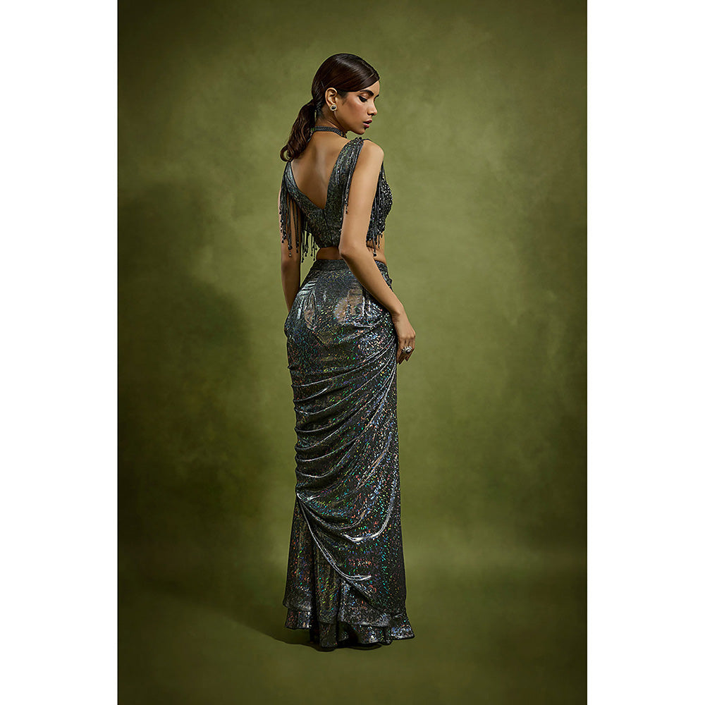BABITA M Black Stardust Cascade Pre-draped Saree with Stitched Blouse