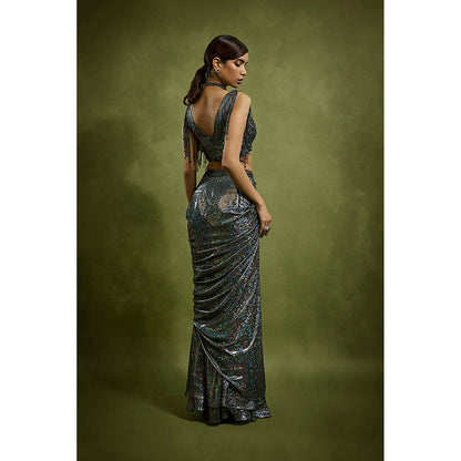 BABITA M Black Stardust Cascade Pre-draped Saree with Stitched Blouse