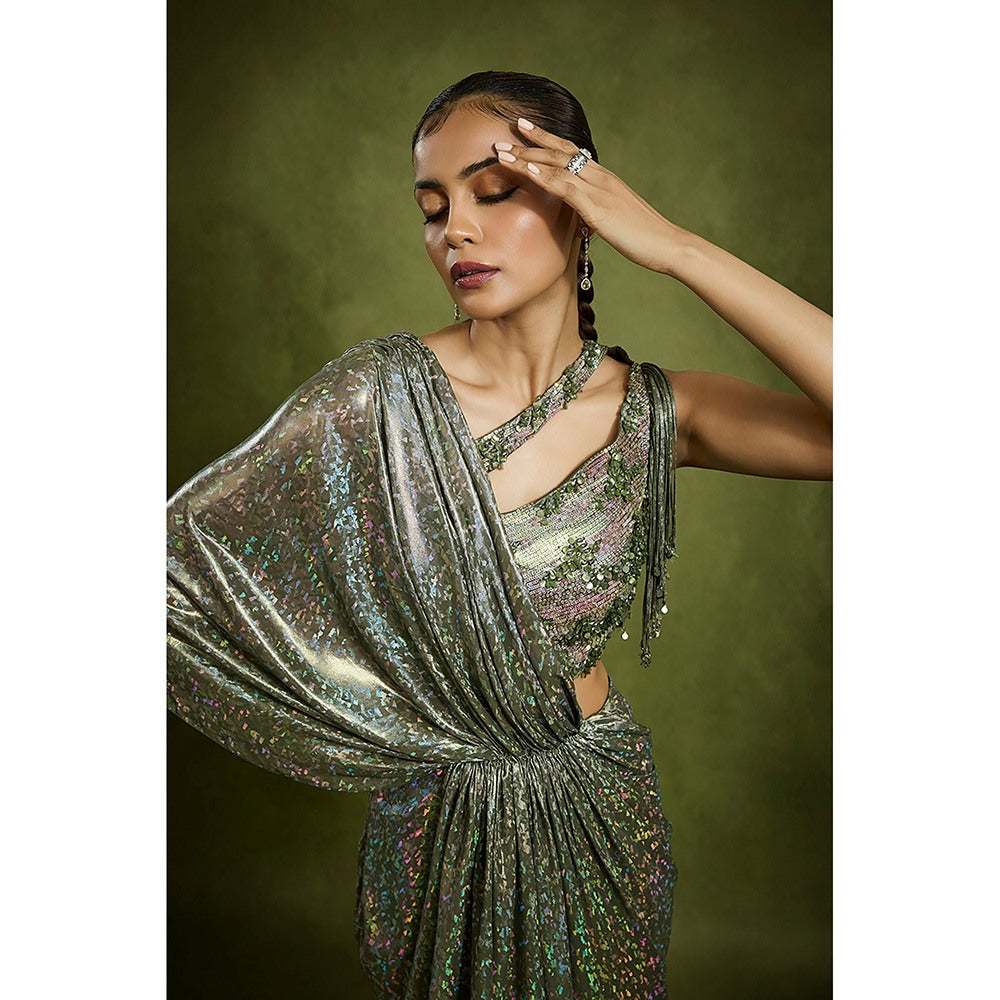BABITA M Green Stardust Cascade Pre-draped Saree with Stitched Blouse