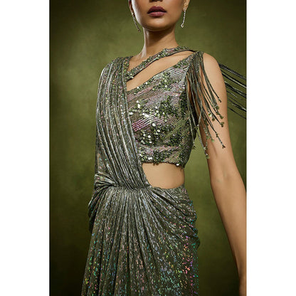 BABITA M Green Stardust Cascade Pre-draped Saree with Stitched Blouse