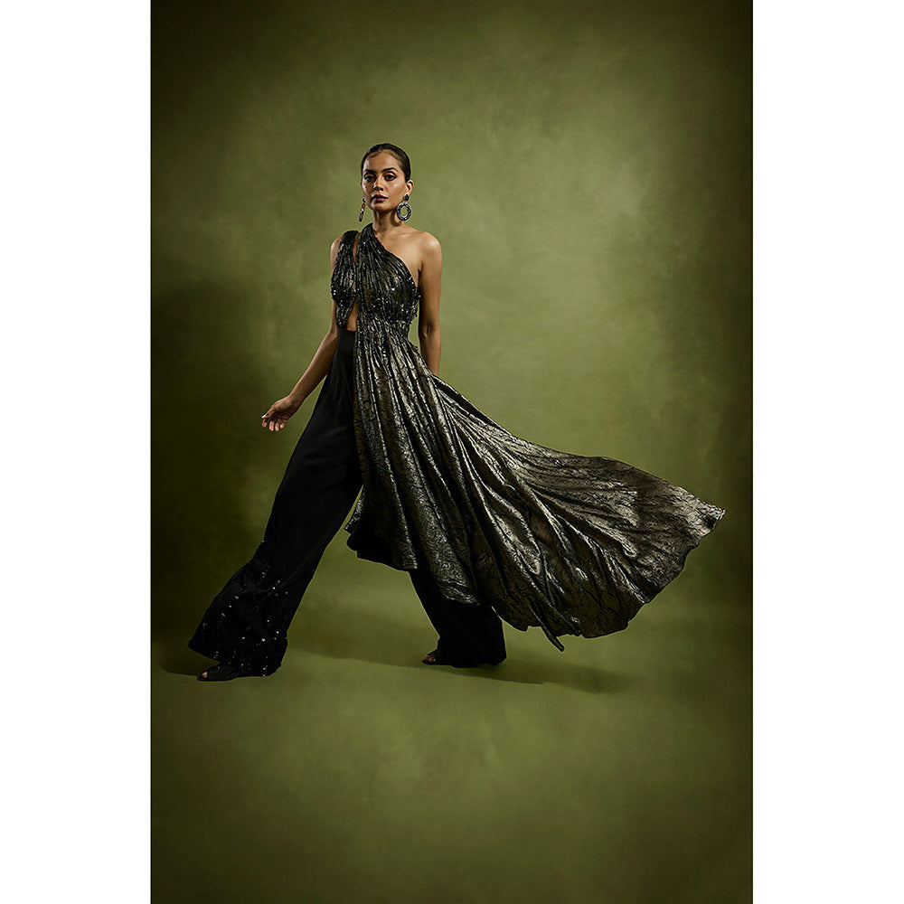 BABITA M Black One Shoulder Drape Metallic Jumpsuit