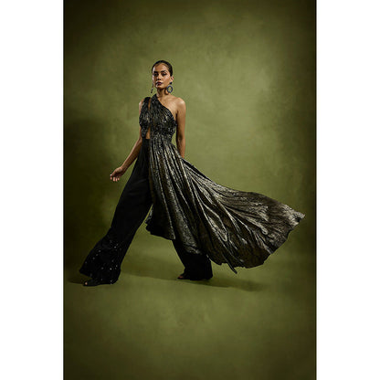 BABITA M Black One Shoulder Drape Metallic Jumpsuit