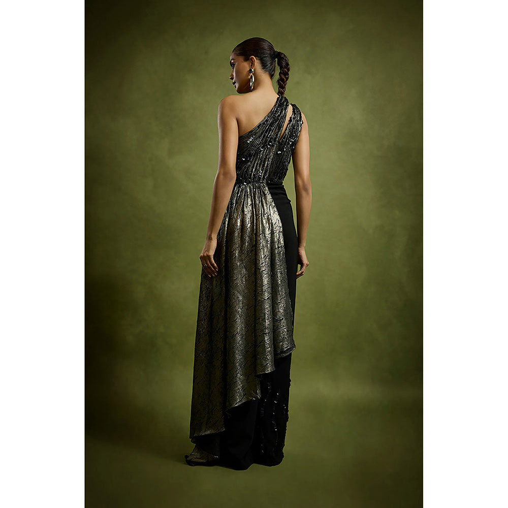 BABITA M Black One Shoulder Drape Metallic Jumpsuit