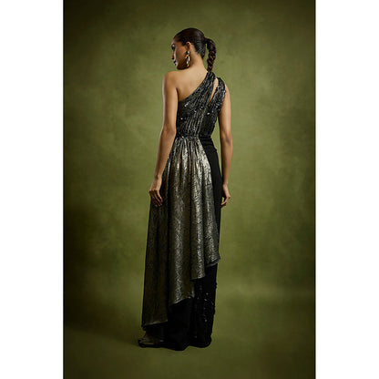 BABITA M Black One Shoulder Drape Metallic Jumpsuit
