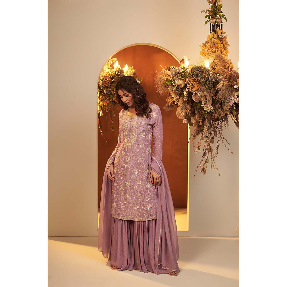 Baidehi Lavender Embroidered Kurta with Sharara and Dupatta (Set of 3)