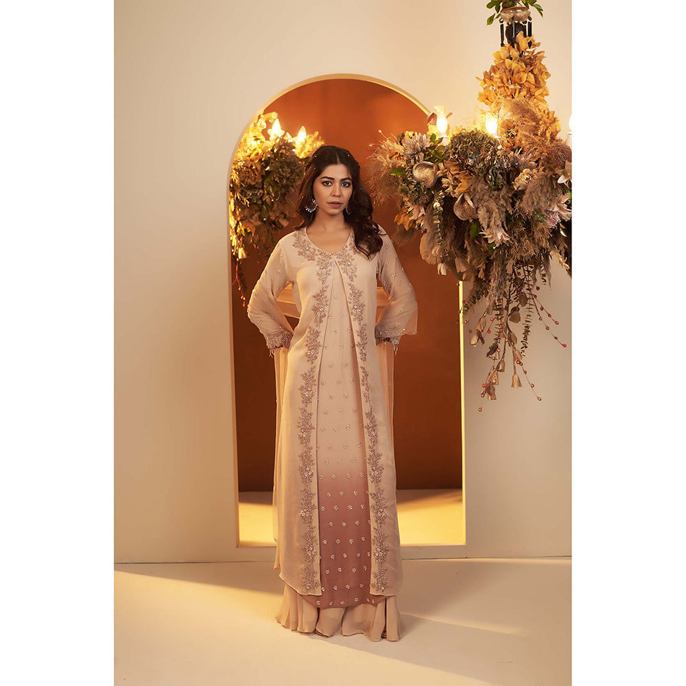Baidehi Beige Jacket with Ombre Anarkali Kurta Palazzo and Dupatta (Set of 4)