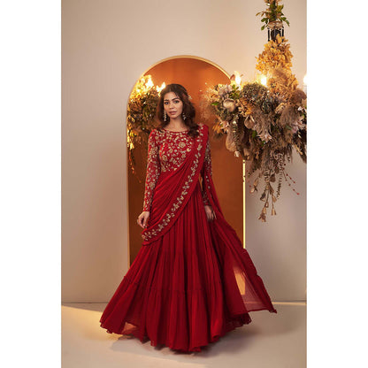 Baidehi Deep Red Embroidered Gown with Attached Drape