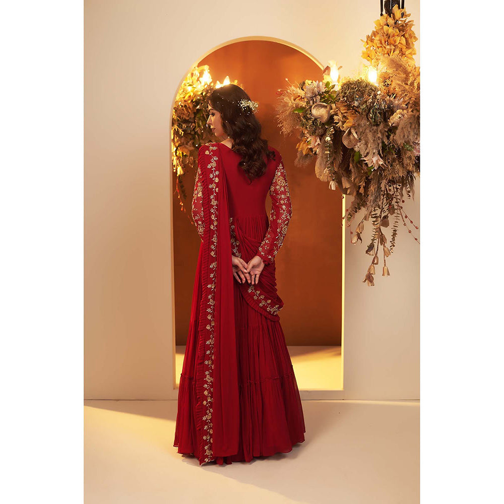 Baidehi Deep Red Embroidered Gown with Attached Drape