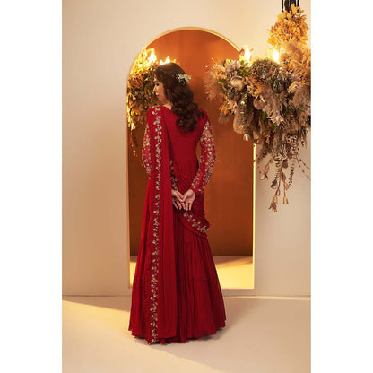 Baidehi Deep Red Embroidered Gown with Attached Drape