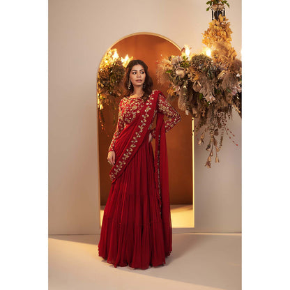 Baidehi Deep Red Embroidered Gown with Attached Drape