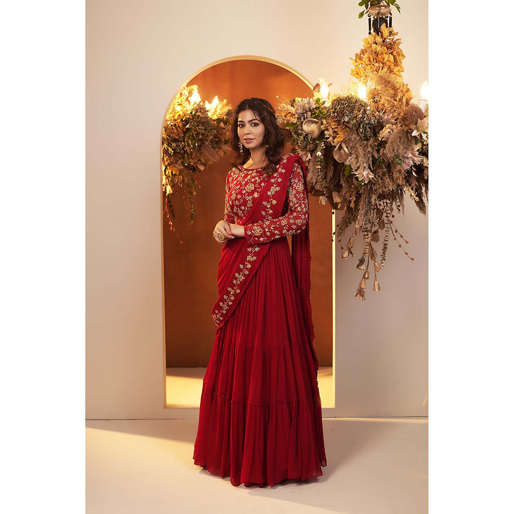 Baidehi Deep Red Embroidered Gown with Attached Drape