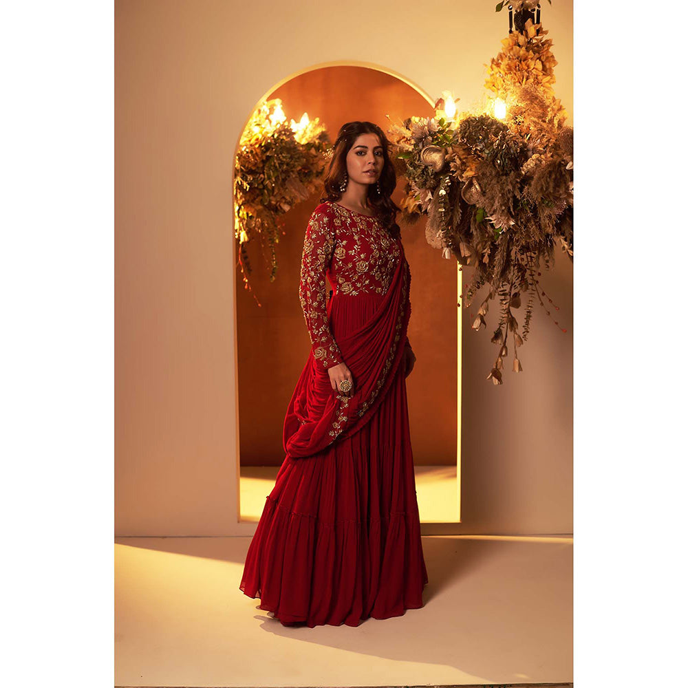Baidehi Deep Red Embroidered Gown with Attached Drape