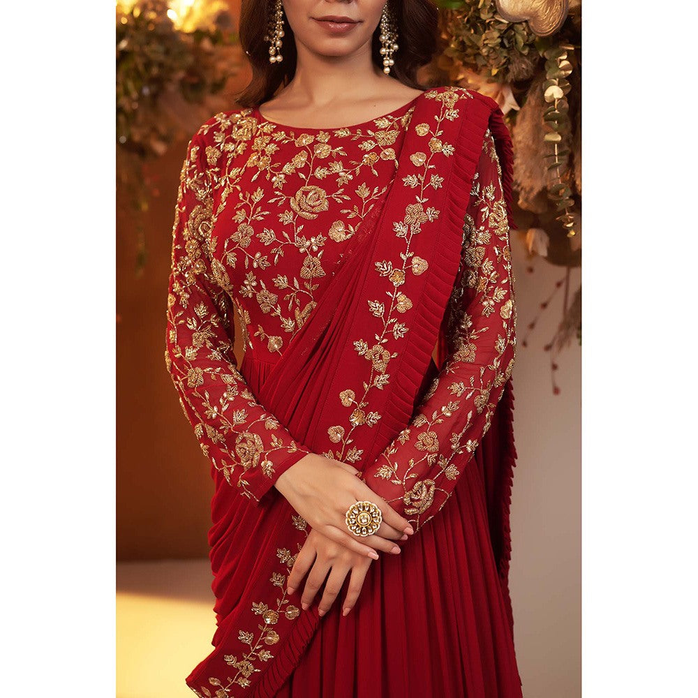 Baidehi Deep Red Embroidered Gown with Attached Drape