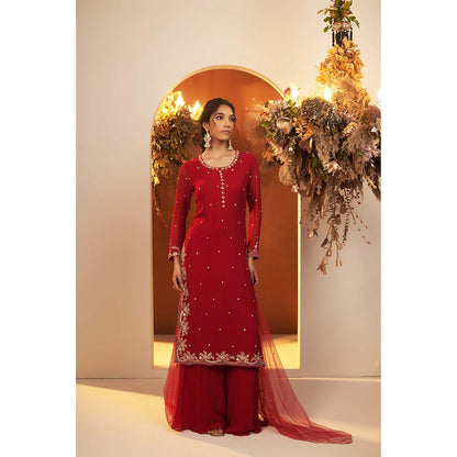 Baidehi Deep Red Embellished Kurta with Sharara and Dupatta (Set of 3)