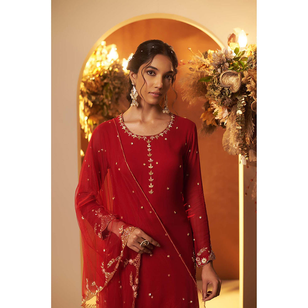 Baidehi Deep Red Embellished Kurta with Sharara and Dupatta (Set of 3)