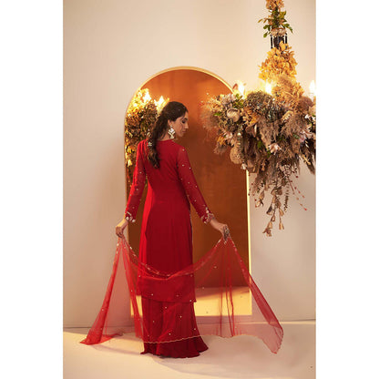 Baidehi Deep Red Embellished Kurta with Sharara and Dupatta (Set of 3)