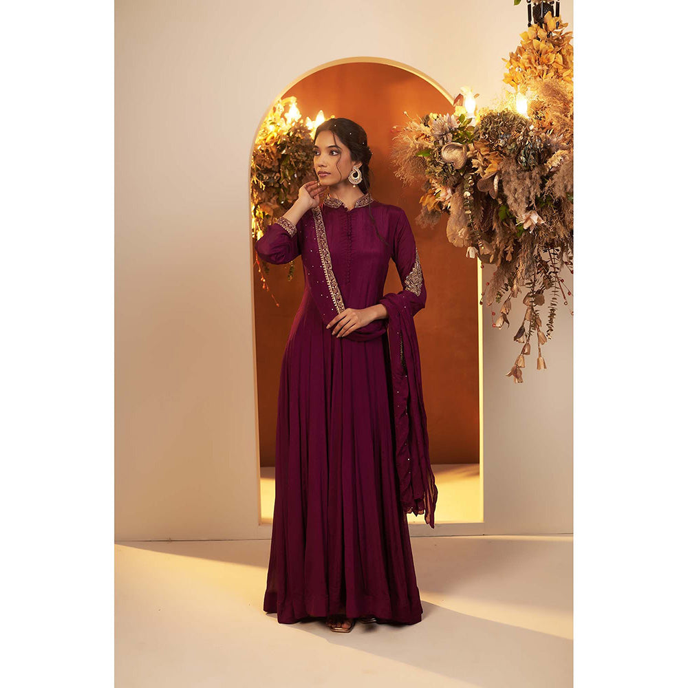 Baidehi Wine Embroidered Anarkali Kurta with Dupatta (Set of 2)