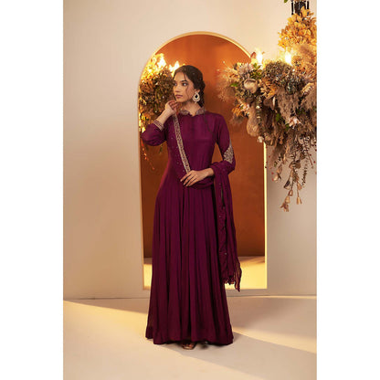 Baidehi Wine Embroidered Anarkali Kurta with Dupatta (Set of 2)