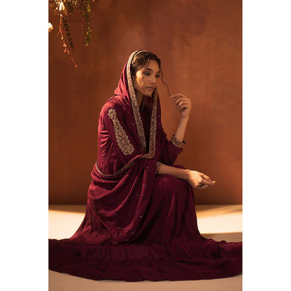 Baidehi Wine Embroidered Anarkali Kurta with Dupatta (Set of 2)