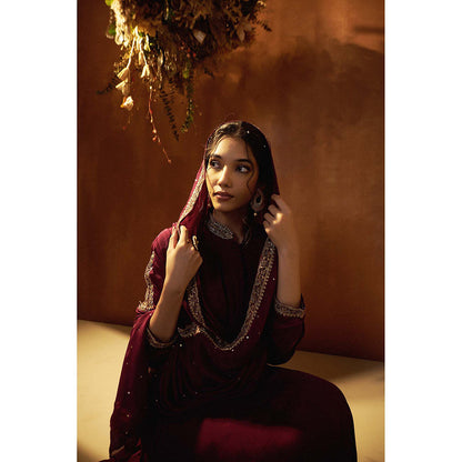 Baidehi Wine Embroidered Anarkali Kurta with Dupatta (Set of 2)