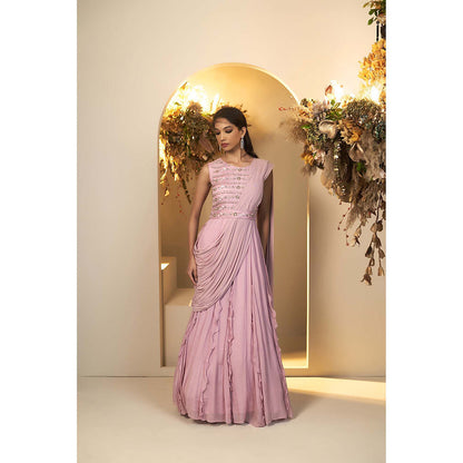 Baidehi Pink Embellished Attached Drape Gown with Belt and Jacket (Set of 3)