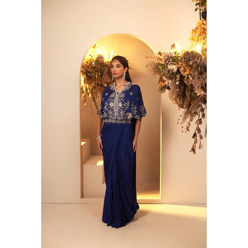 Baidehi Navy Blue Pre-Drape Saree with Stitched Blouse and Cape