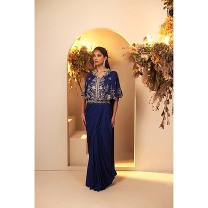 Baidehi Navy Blue Pre-Drape Saree with Stitched Blouse and Cape
