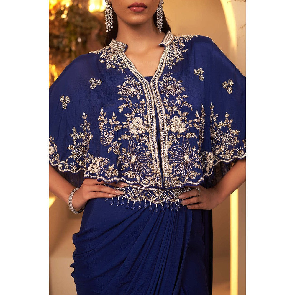 Baidehi Navy Blue Pre-Drape Saree with Stitched Blouse and Cape