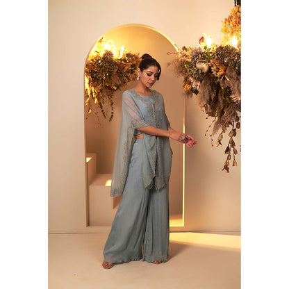 Baidehi Blue Embroidered Crop Top with Palazzo and Jacket (Set of 3)