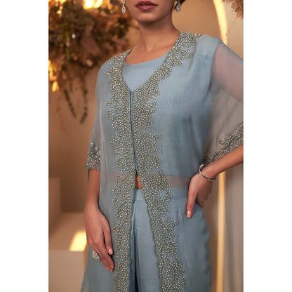Baidehi Blue Embroidered Crop Top with Palazzo and Jacket (Set of 3)