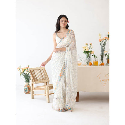 Baise Gaba Ode White Printed Saree with Unstitched Blouse