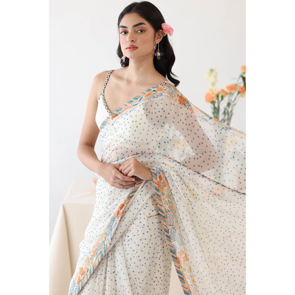 Baise Gaba Ode White Printed Saree with Unstitched Blouse