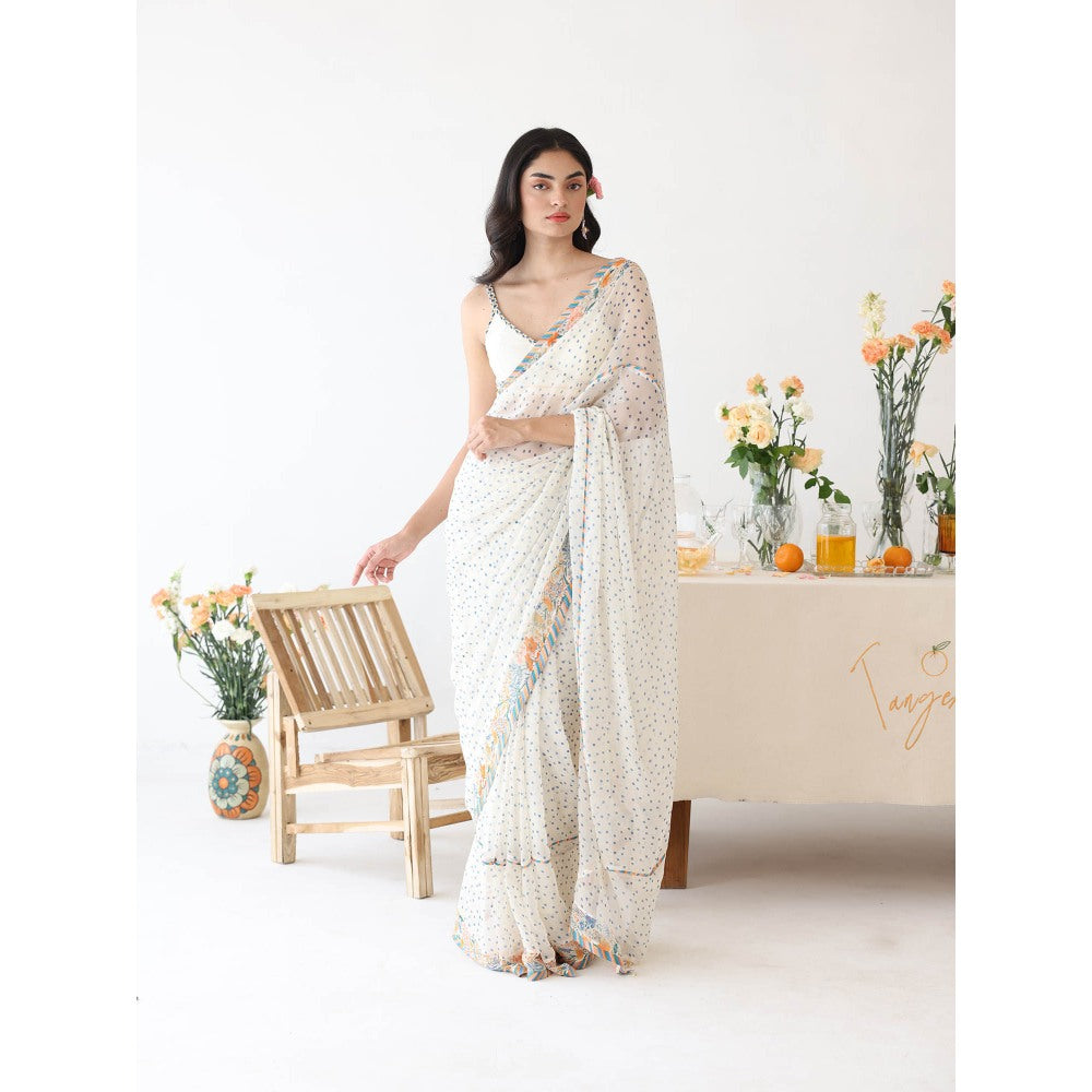 Baise Gaba Ode White Printed Saree with Stitched Blouse