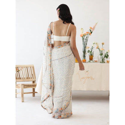 Baise Gaba Ode White Printed Saree with Stitched Blouse