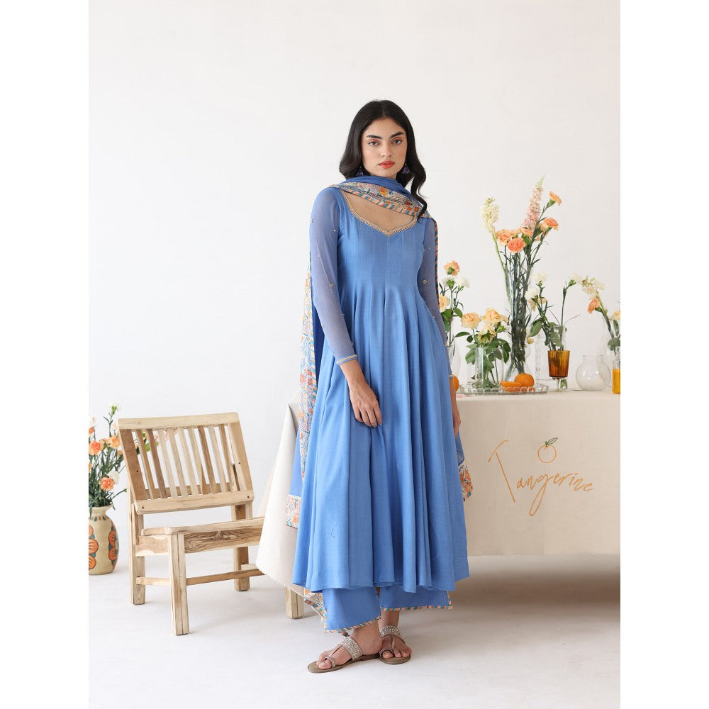 Baise Gaba Blue Lagoon Embroidered Neck Anarkali Kurta with Pant & Dupatta (Set of 3)